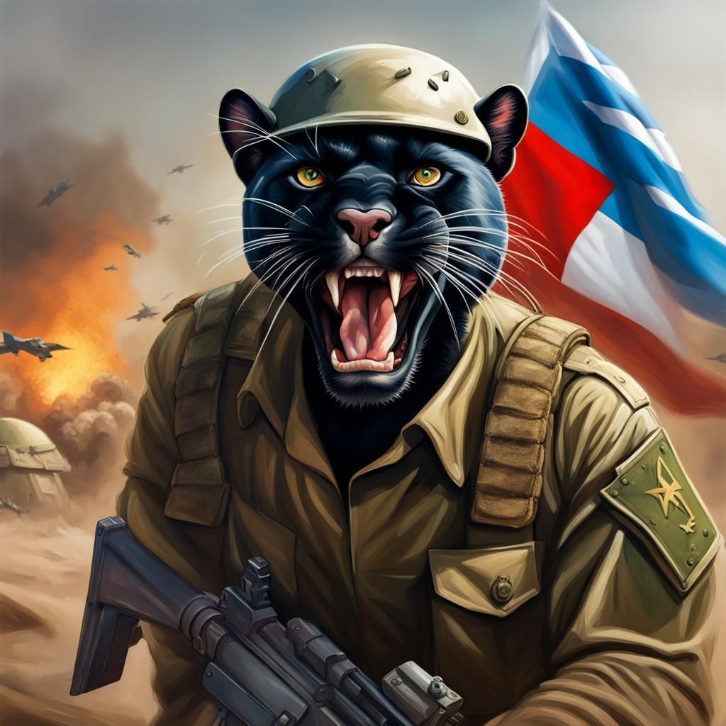 Panther as IDF Soldier on Battlefield: Hyperrealistic Splash...