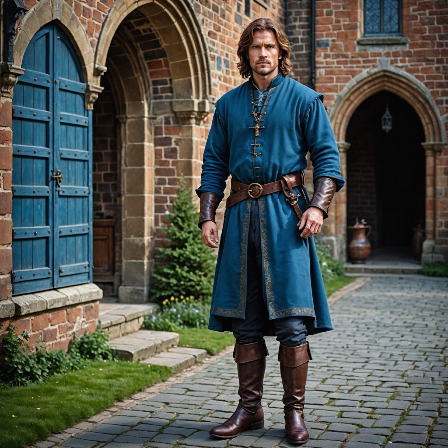 Handsome Medieval Man in Blue Before Castle