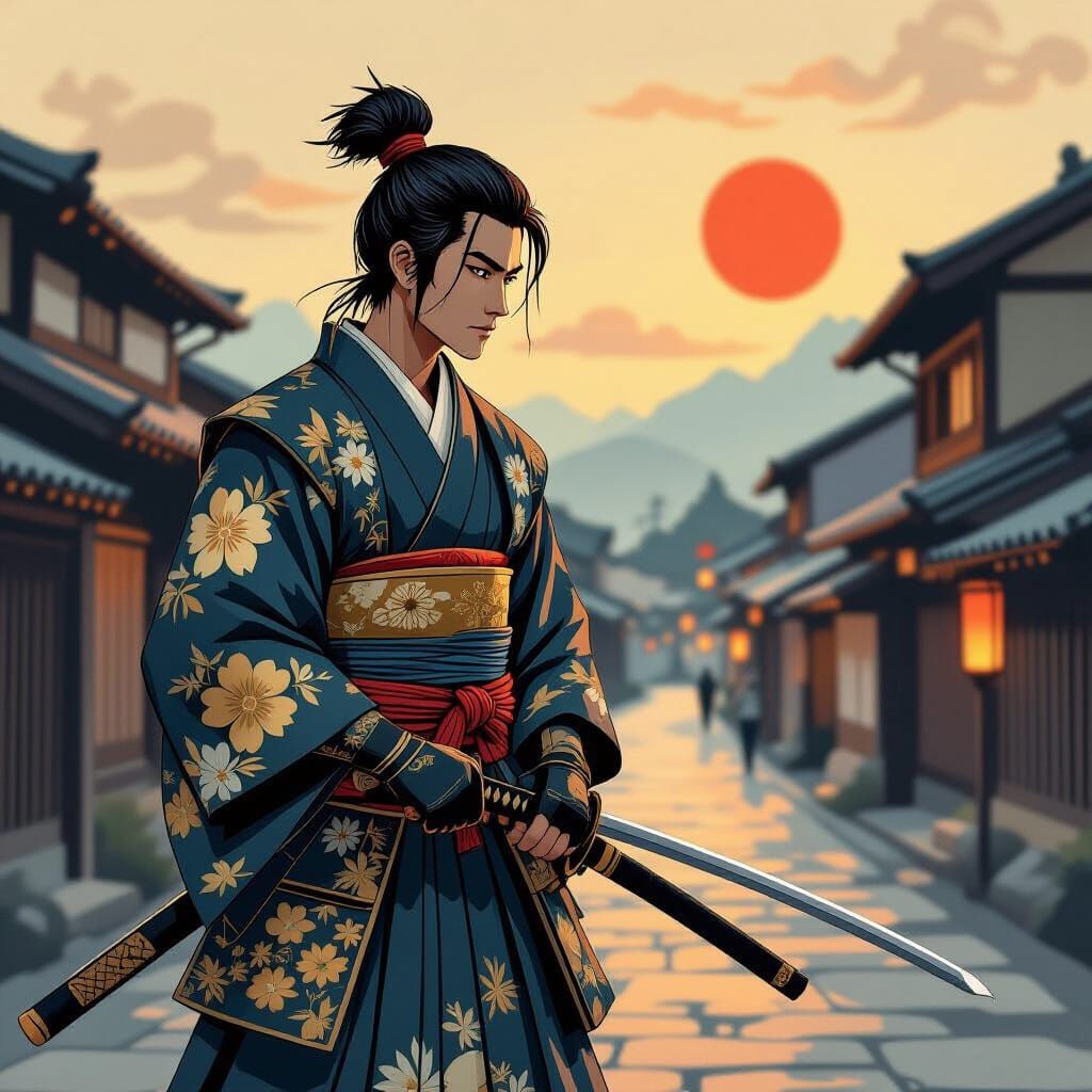 Samurai in Gold Floral Uniform with Katana, Paper Art Style