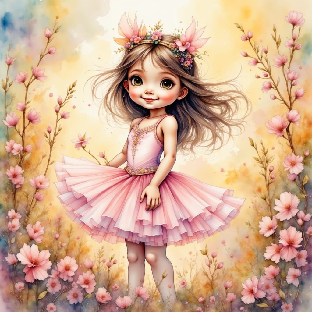 <lora:MrsH Watercolor:1.0> <lora:Cozy Pastel:1.0> A young girl in her ballet costume looking directly at the cameras smi...