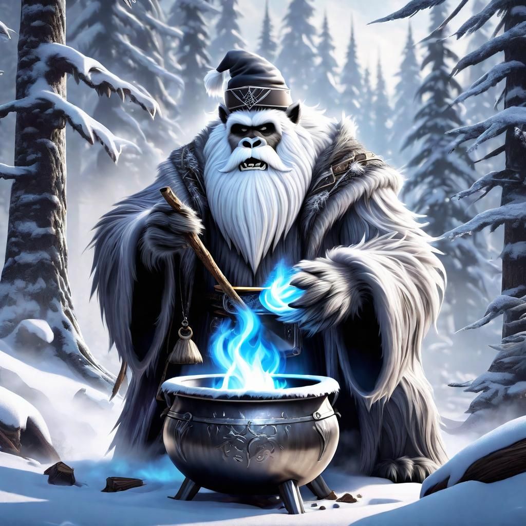 Wizard Yeti Conjuring Potion in Winter Forest