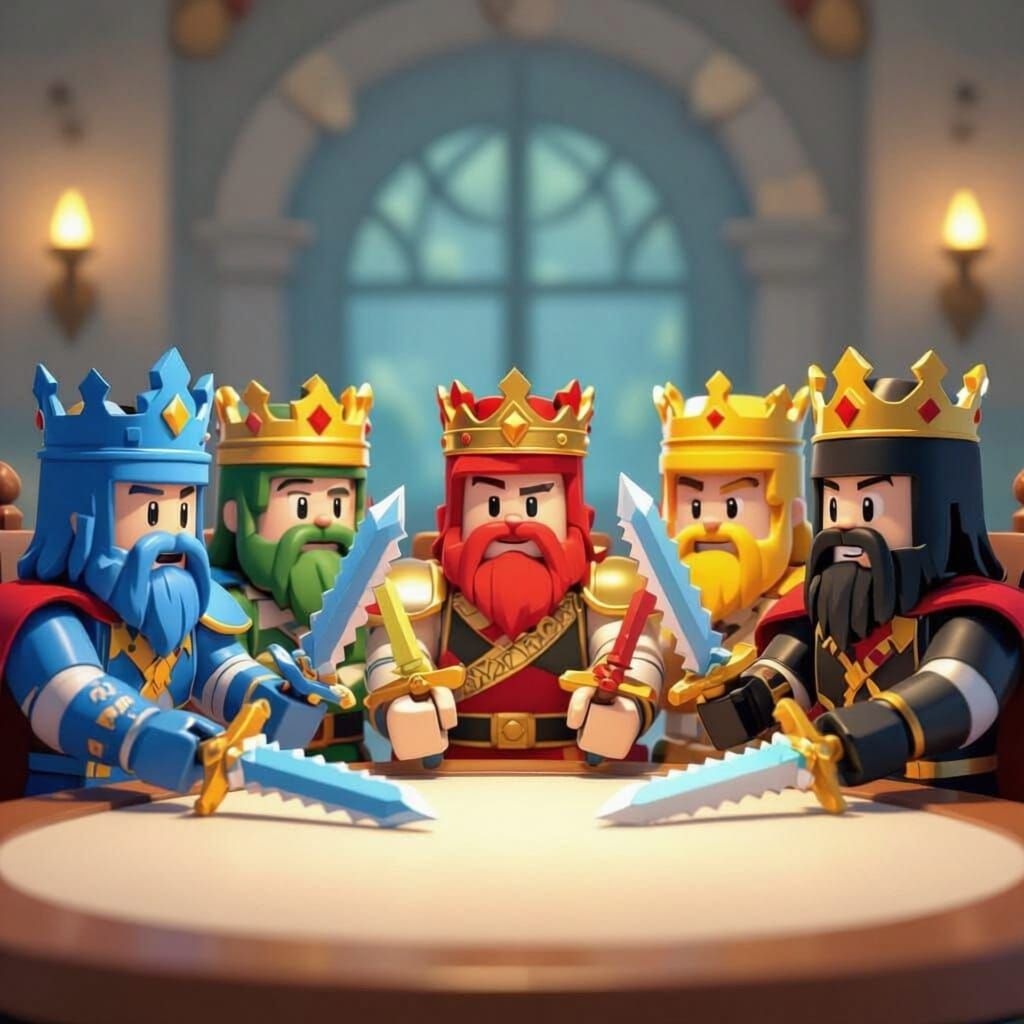 Five Roblox Kings With Swords Sitting at Table