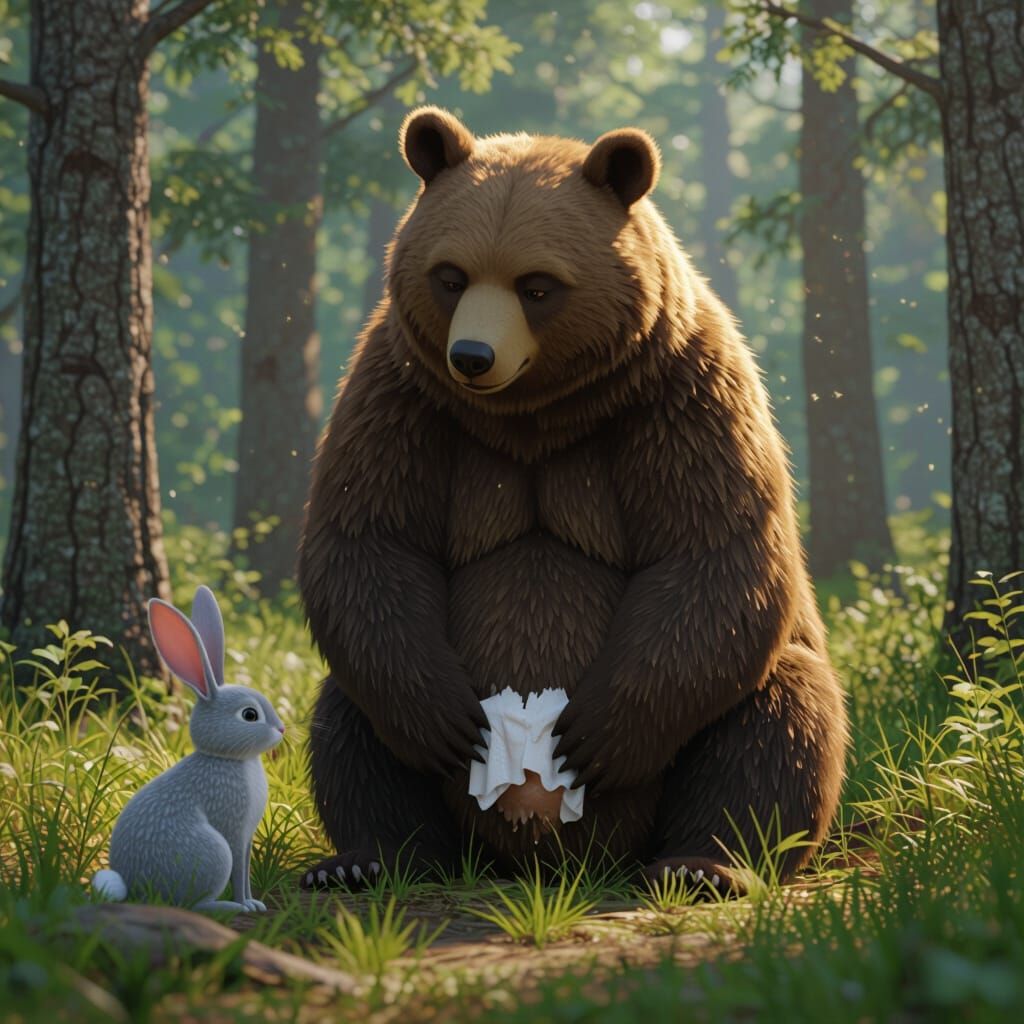 Anime Style Bear Wipes Bottom With Rabbit