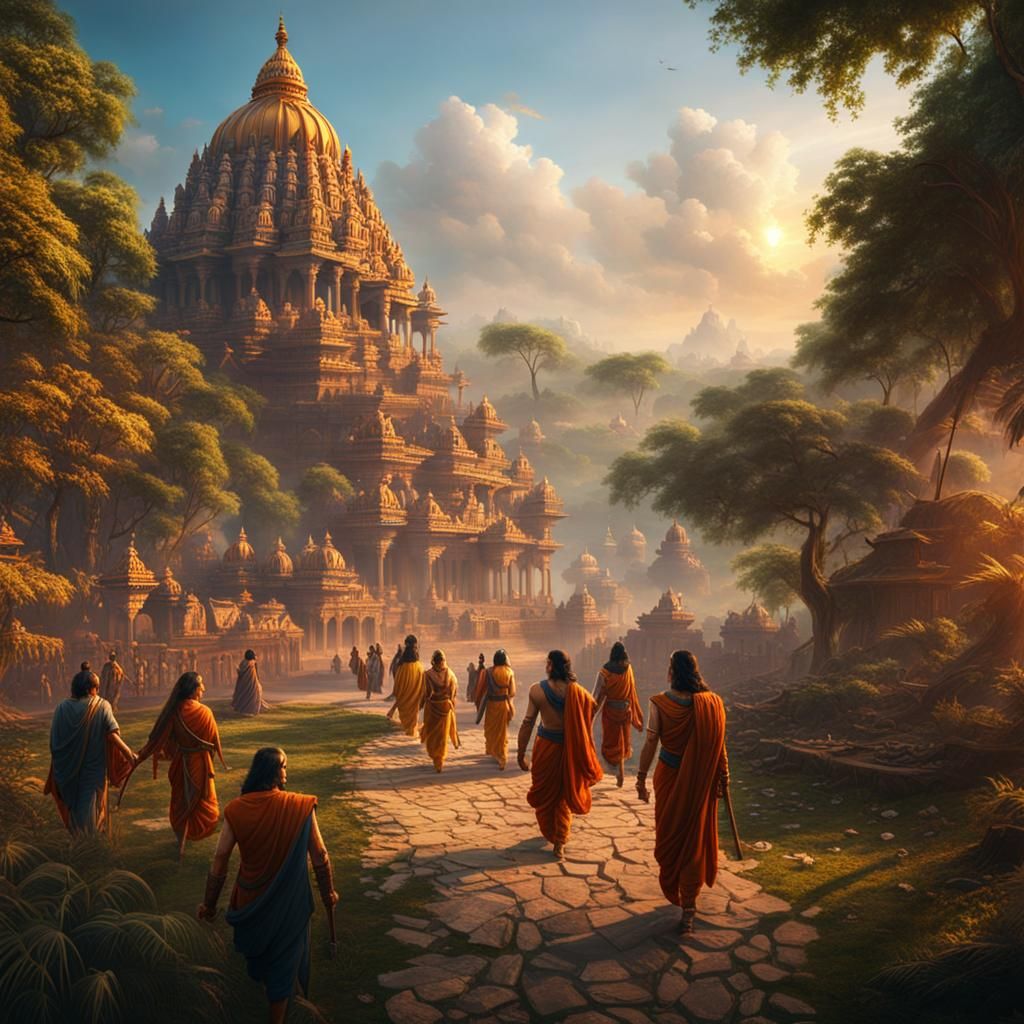 Lord ram and Mata sita walking towards ayodhya wit peoples around