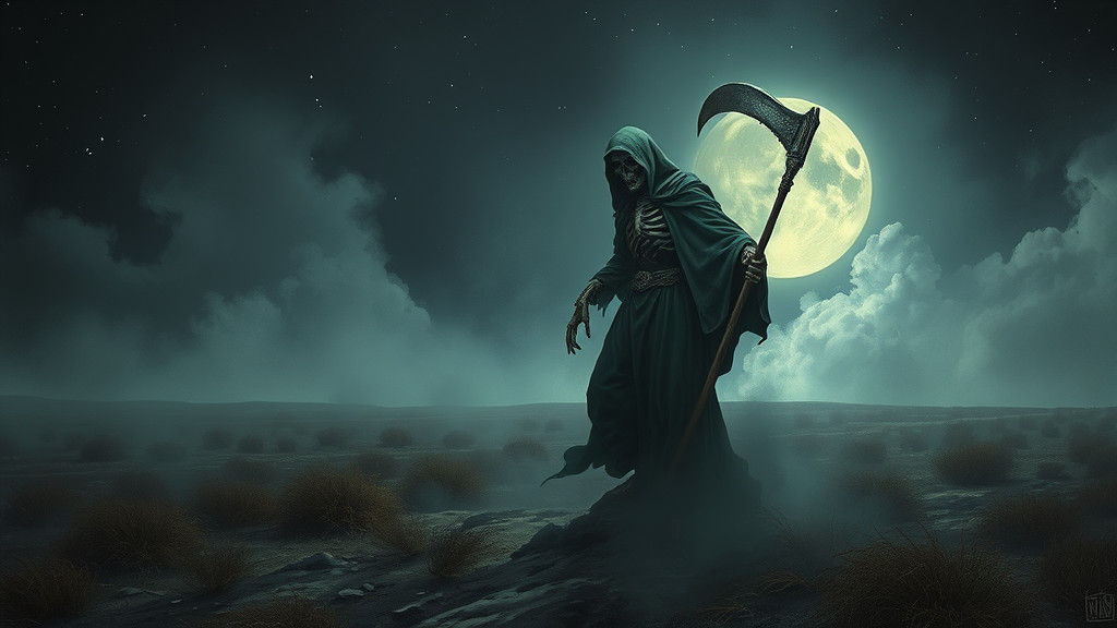 Green Grim Reaper in Moonlit Horror Landscape