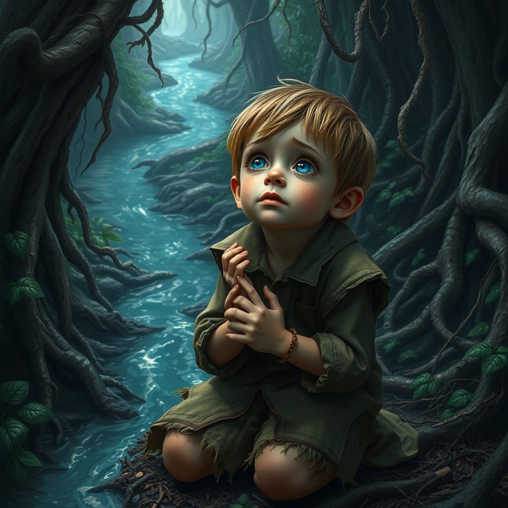 Small Boy Prays in Haunting Jungle Landscape