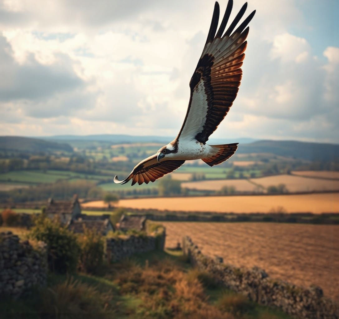 Osprey Soaring Over Somerset Fields in Fantasy Art