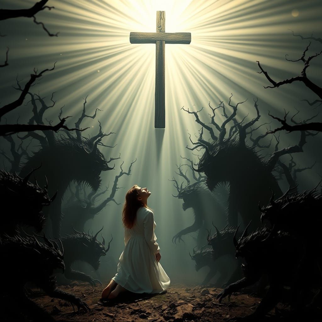 Woman Surrounded by Dark Creatures in Radiant Light