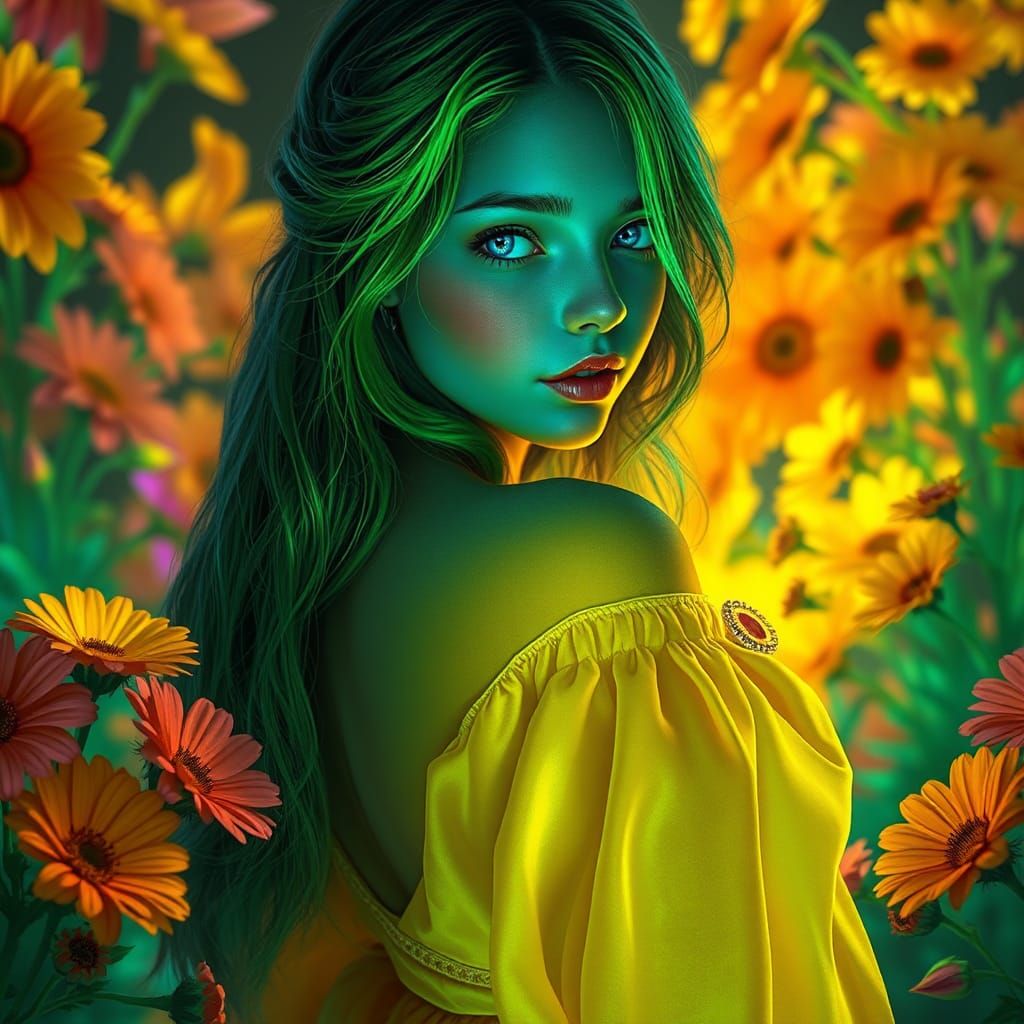 Girl with Emerald Hair in Fluorescent Garden
