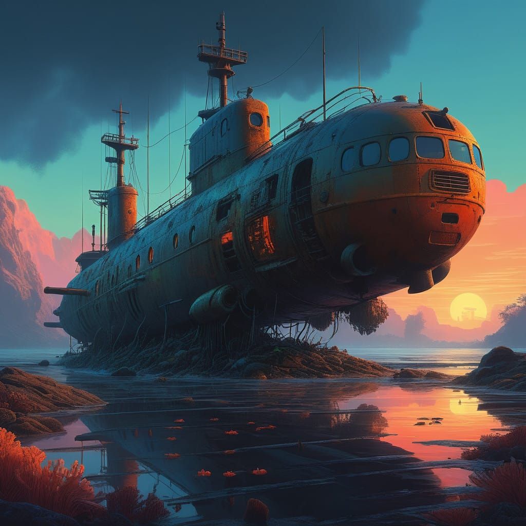 Majestic Sunken Submarine Teeming with Coral Reef Life