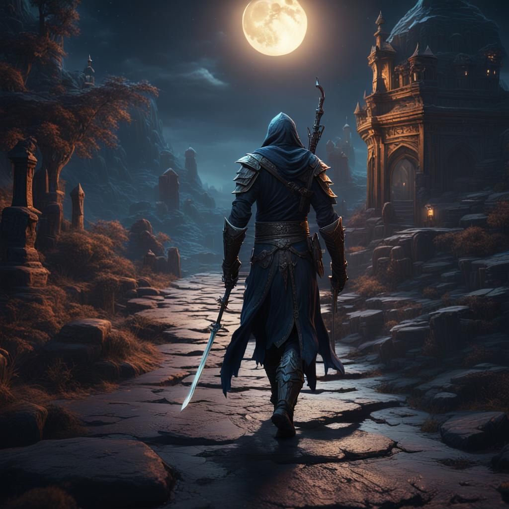 Dark Assassin Strolling in Moonlight: Fantasy Concept Art
