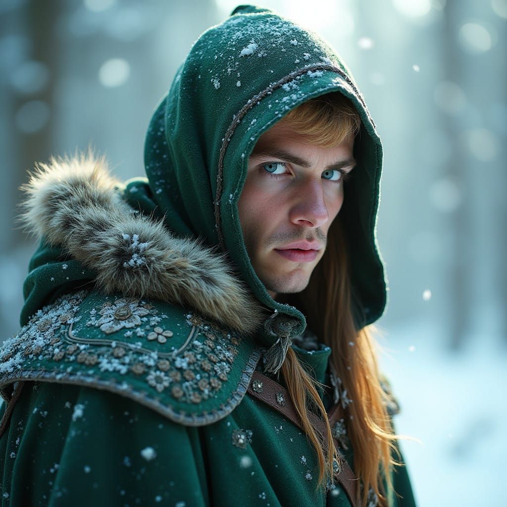 Determined Wood Elf Ranger Stands Tall in Winter Wonderland