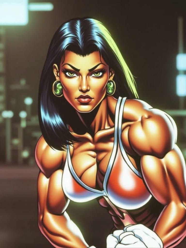 Vibrant Streets of Rage Warrior Woman in Neon Cyberpunk City