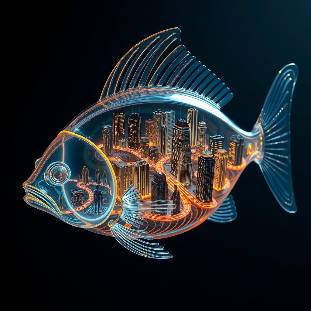 Bioluminescent Fish with Cityscape Interior