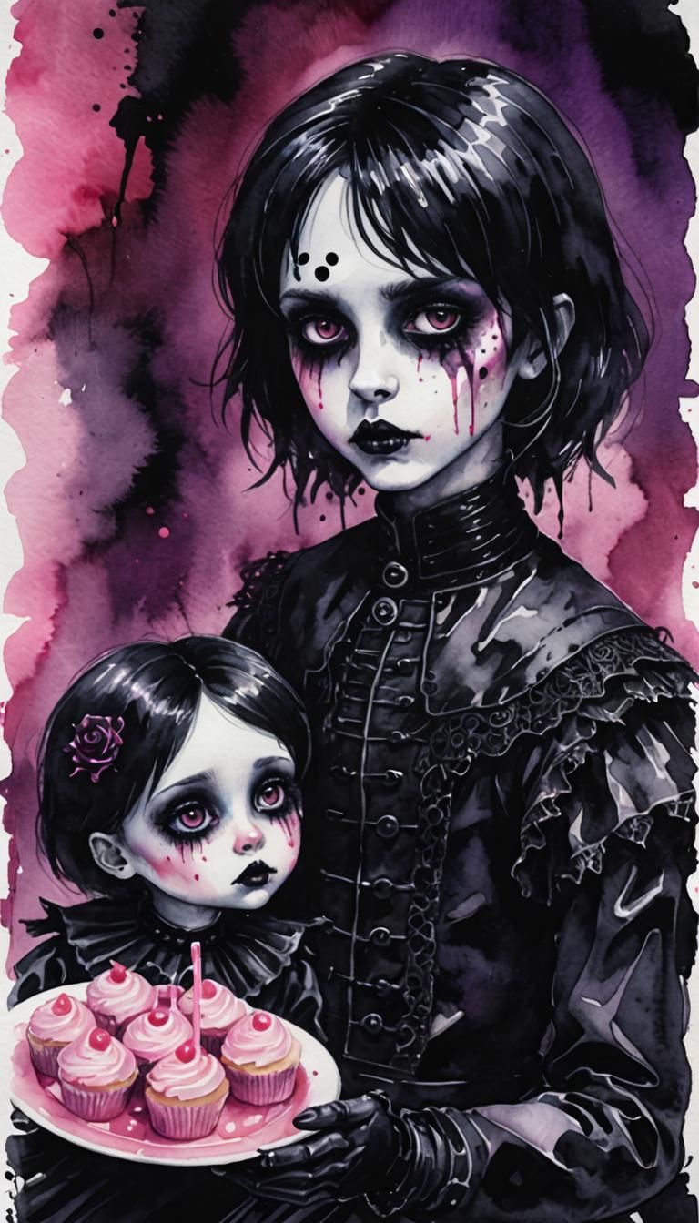Gothic Dolls Share Candy in Dark Fantasy Watercolor