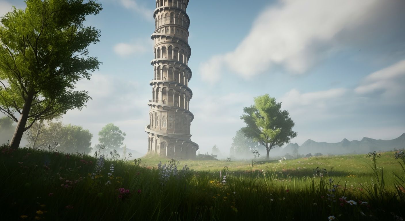 Majestic Spiral Tower in Sunlit Meadow, Detailed Matte Paint...