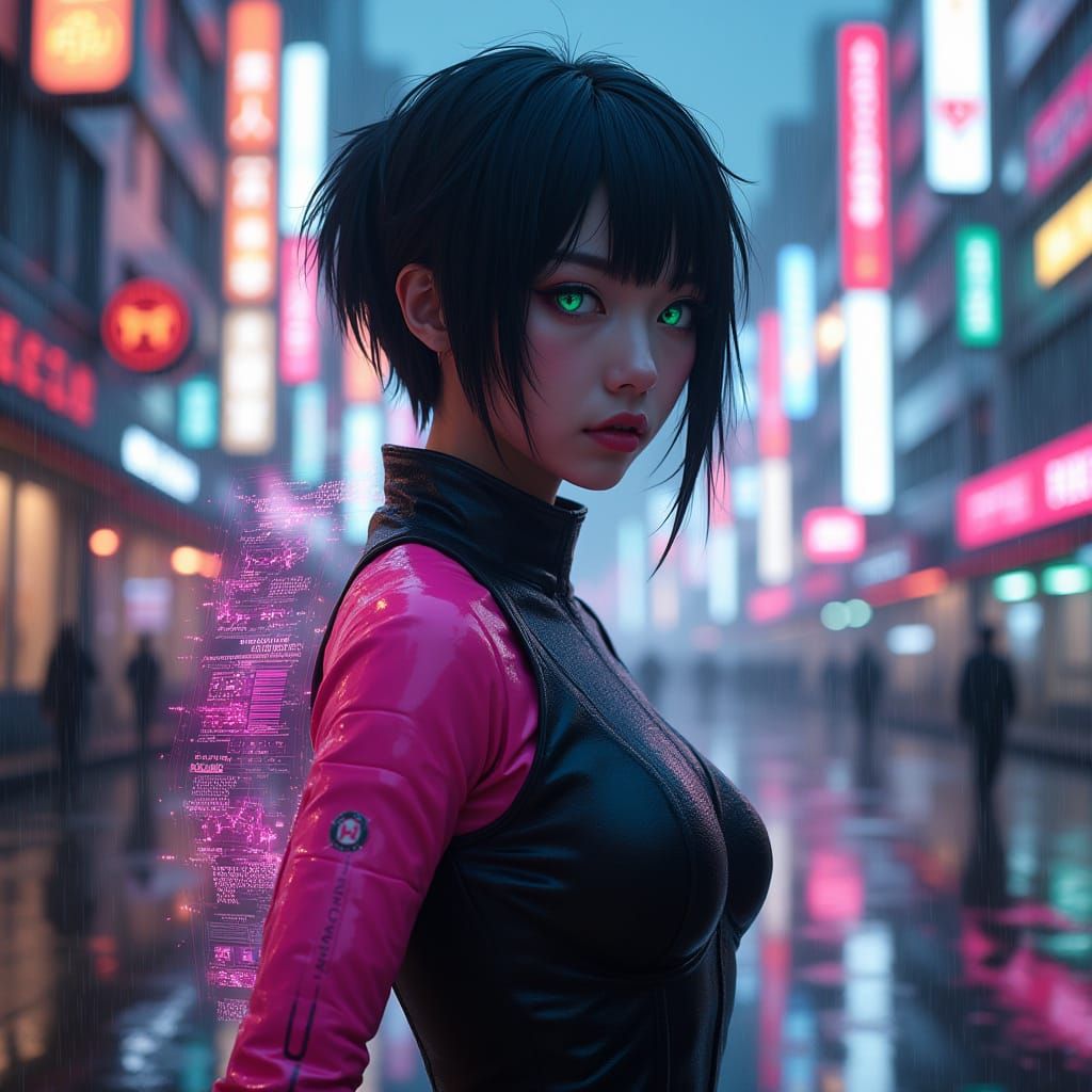 Sleek Cyberpunk Goddess in Seoul Cityscape