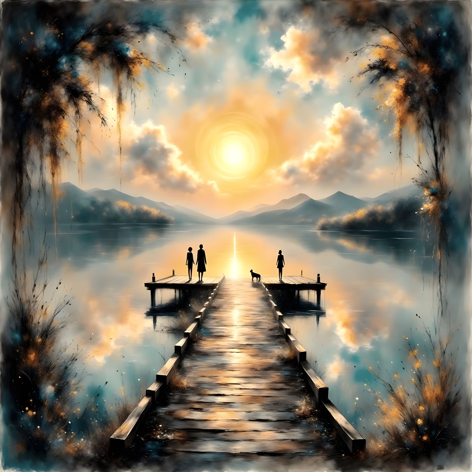 Tranquil Sunset Over a Calm Lake in a Cyberpunk Aesthetic