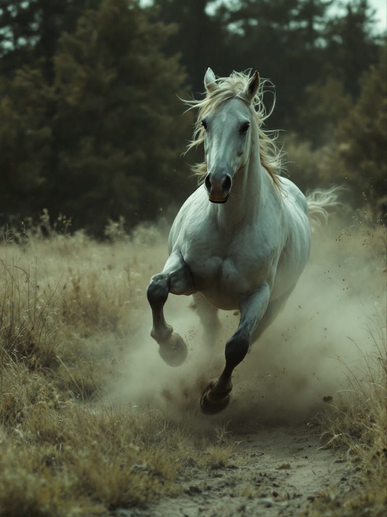 Cinematic Photo of Horse Running Free in Aged Landscape