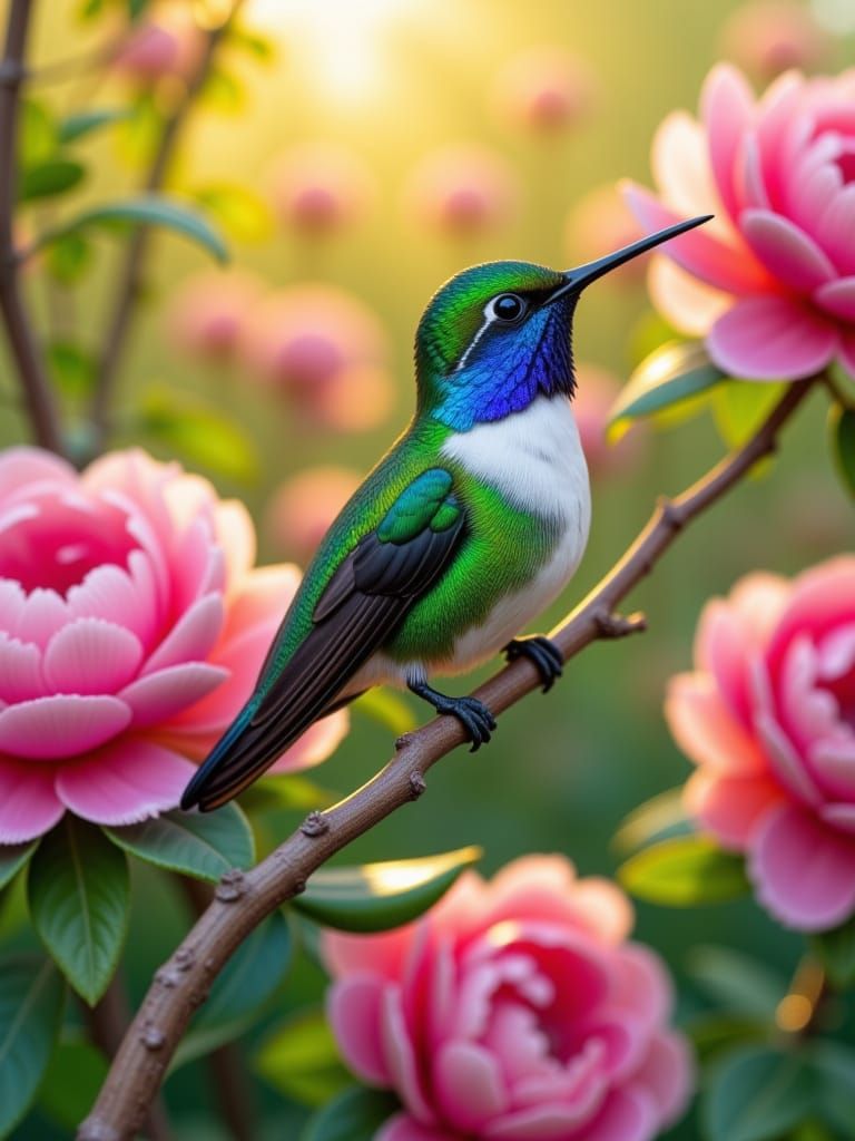 A hummingbird with shiny feathers...