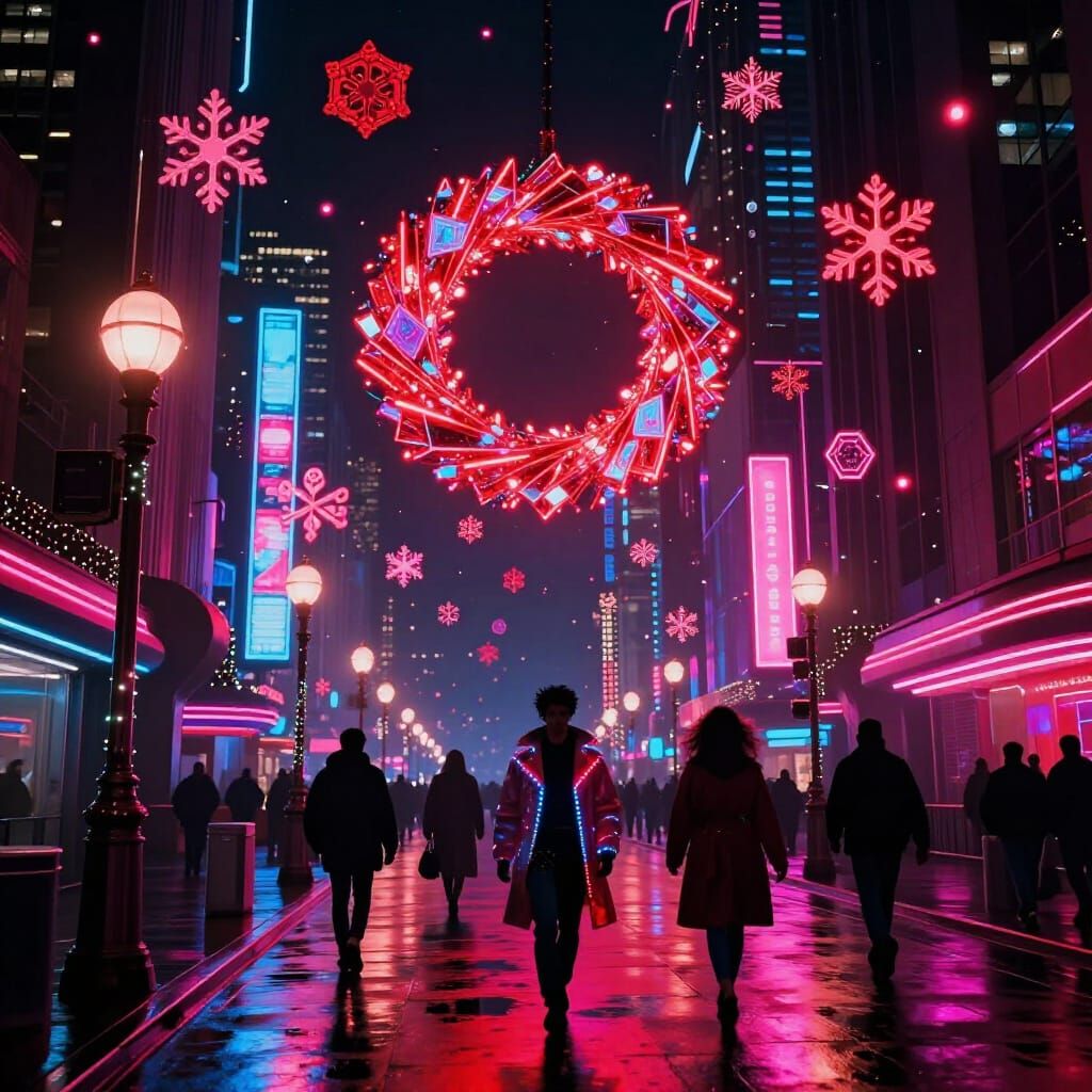 Cyberpunk Cityscape With Neon Snowfall And Holographic Wreat...