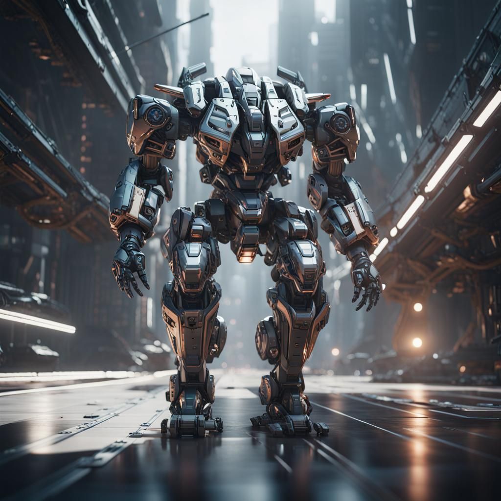 Man Driving Intricate Mech Suit in Sci-Fi Style