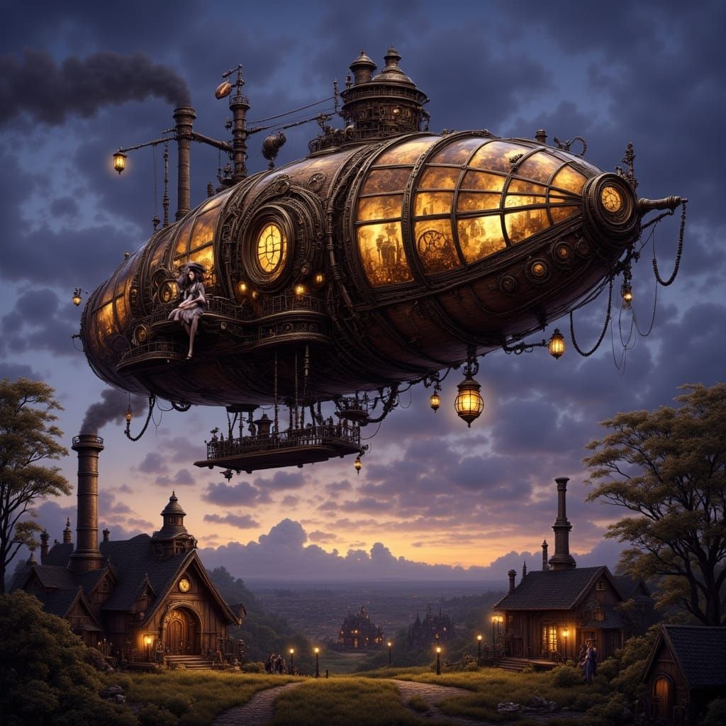 Steampunk Airship Over Medieval Village at Dusk
