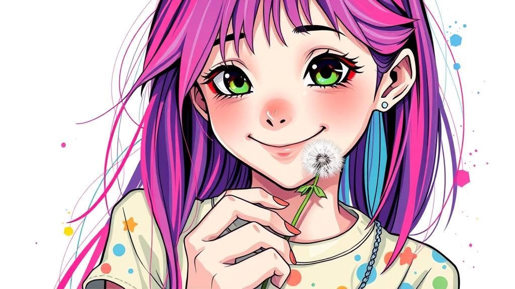 Rainbow Haired Woman Holding Dandelion as Oil Painting