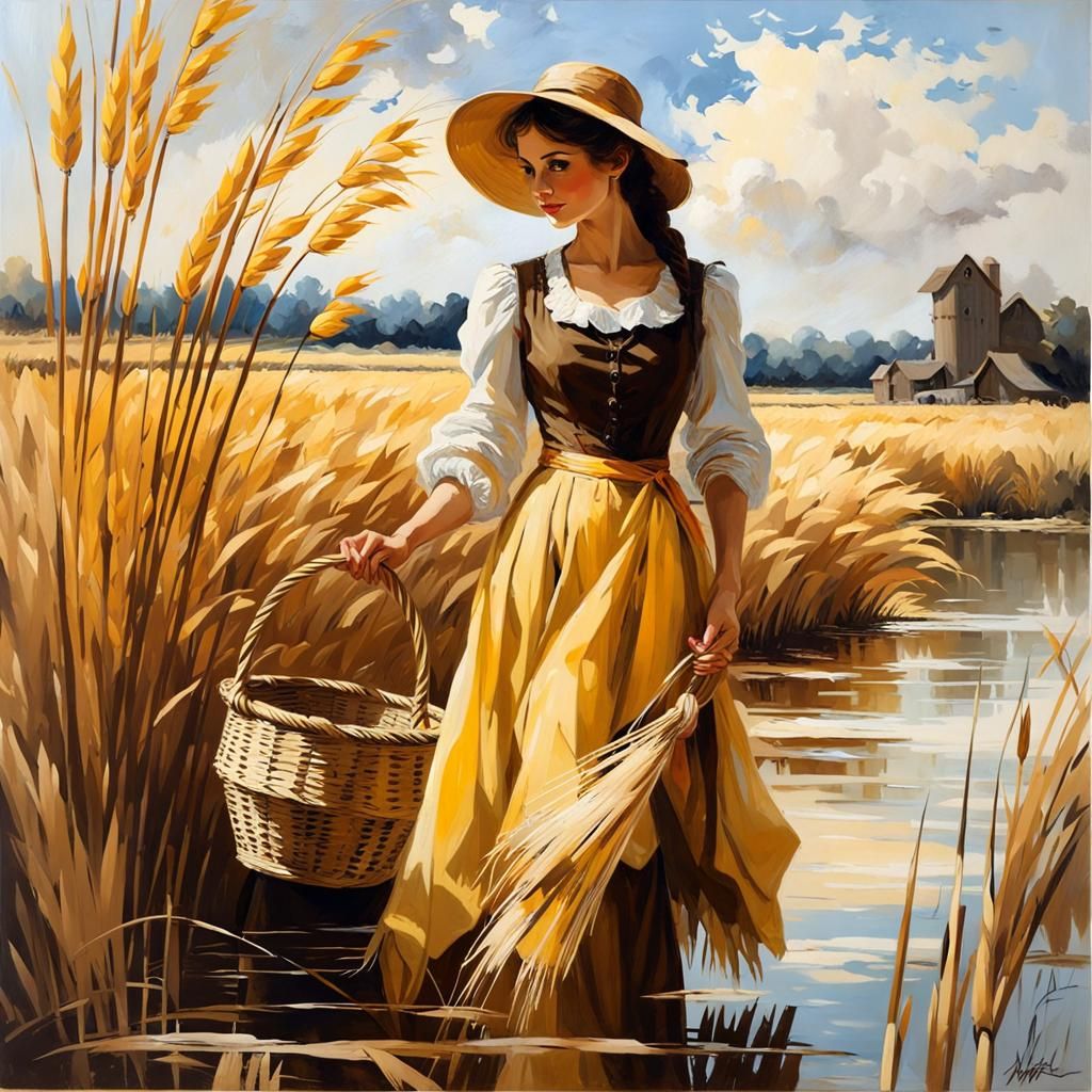 Stunning Peasant Maiden by River, Oil Painting