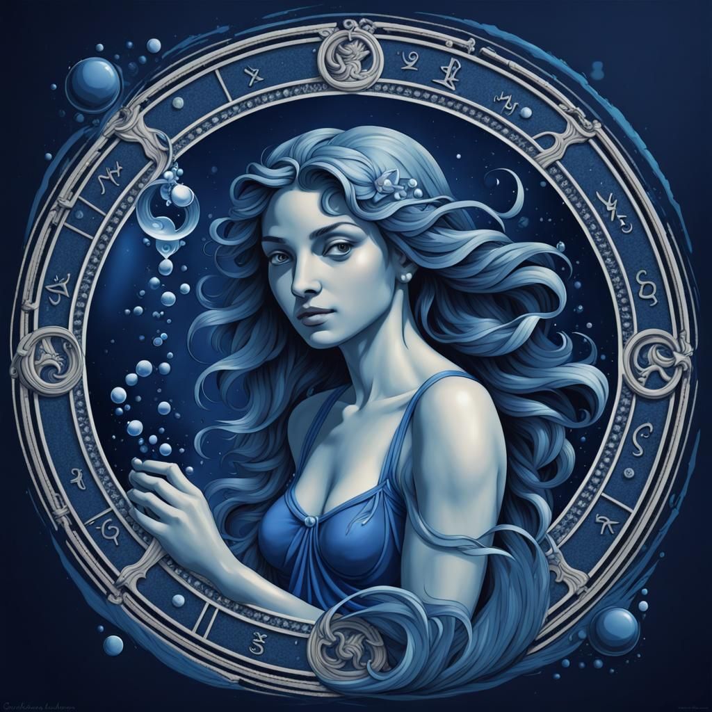 Aquarius Water-Bearer in Deep Blue Illustration