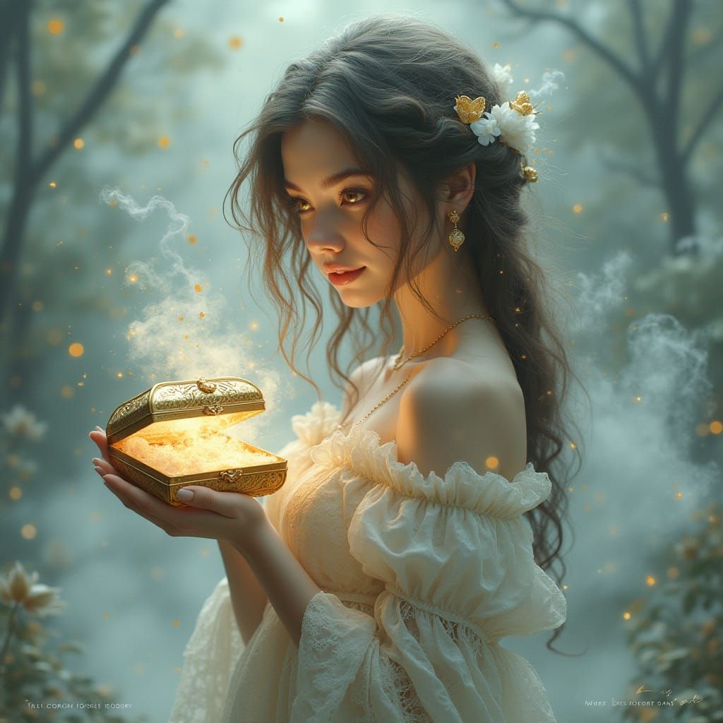 Whimsical Woman in Enchanted Fantasy Landscape