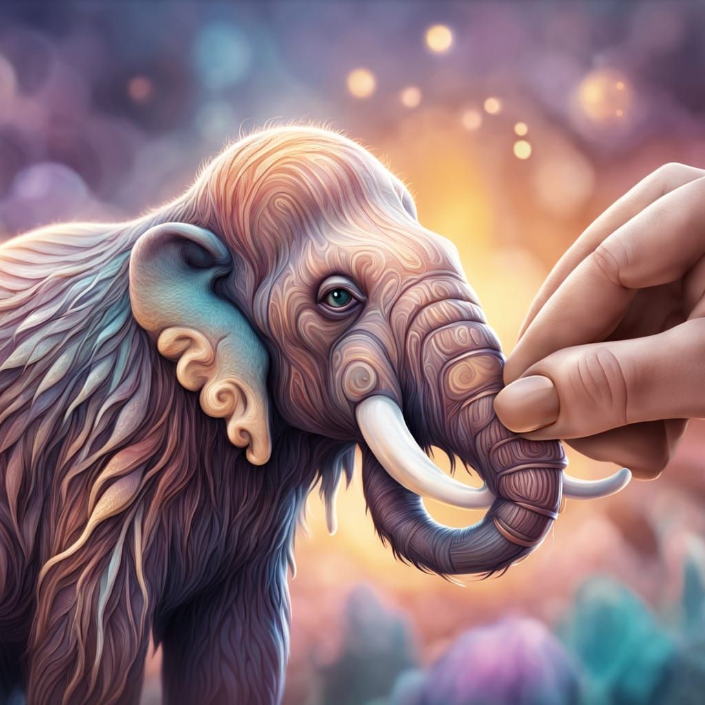 Whimsical Mammoth on Human Fingertip in Dreamlike Macro Art