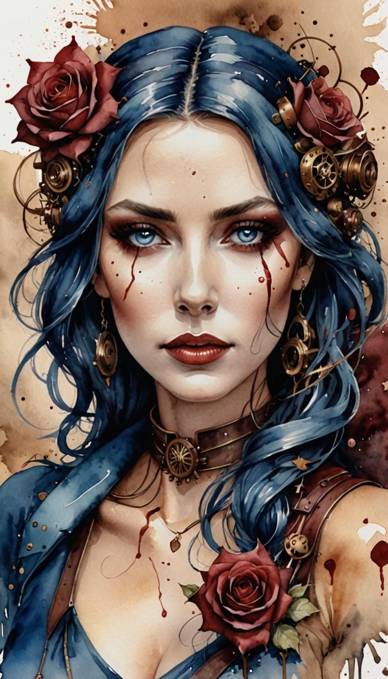 Steampunk Woman in Oil Puddle: Photorealistic Watercolor