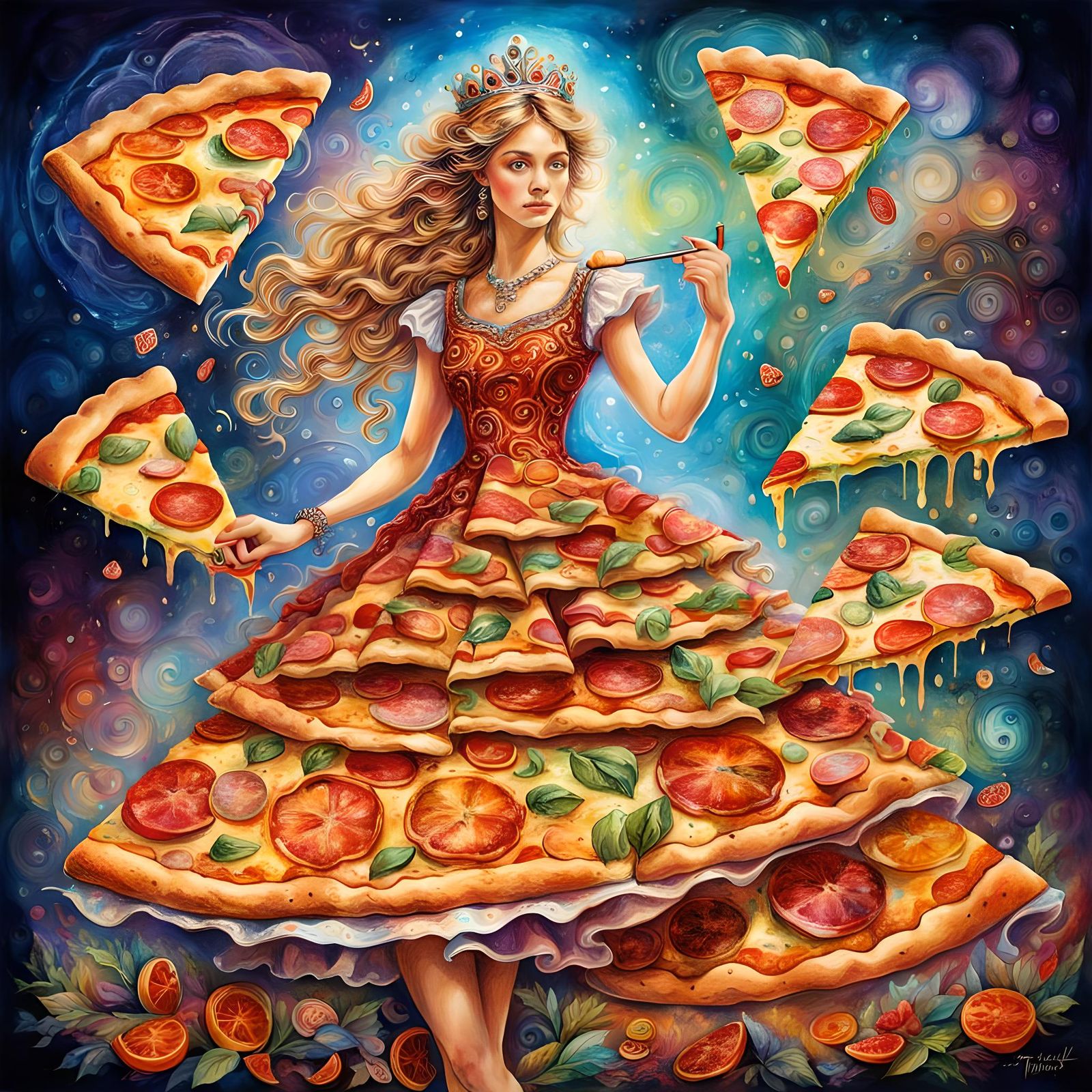 Princess in Pizza Dress: Colorful Fantasy Illustration