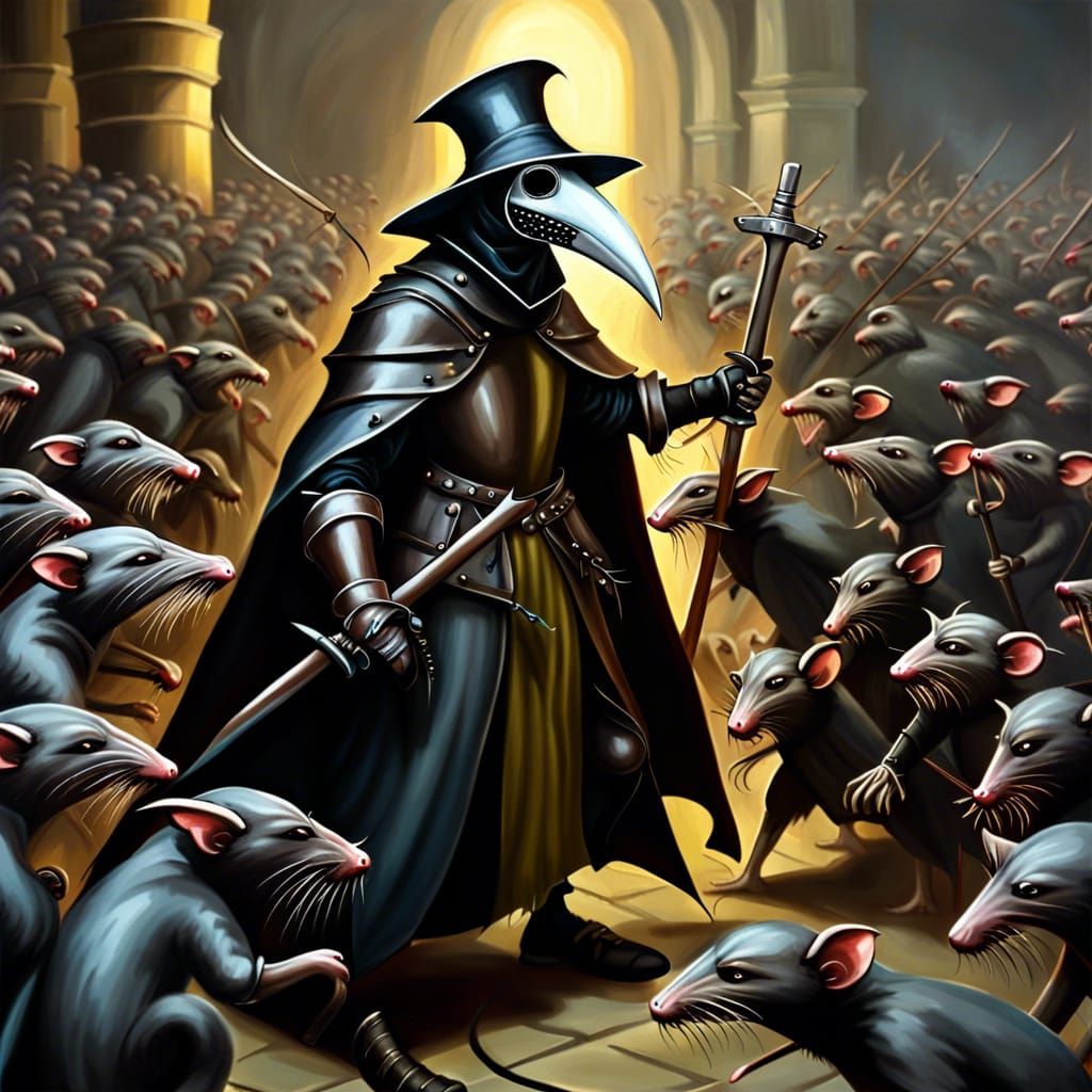 Plague Doctor Knight Battles Rat Army in Oil Painting