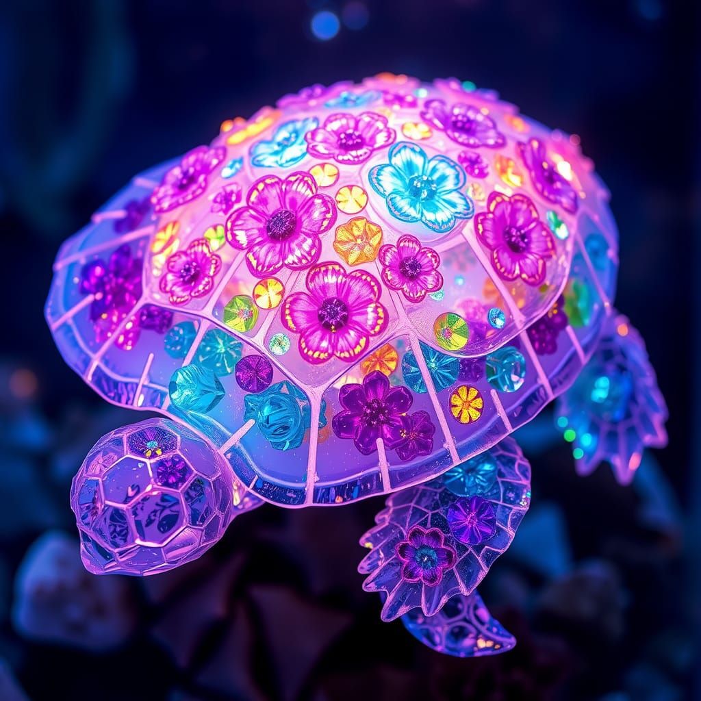 Bioluminescent Flora in Glass Turtle Sculpture