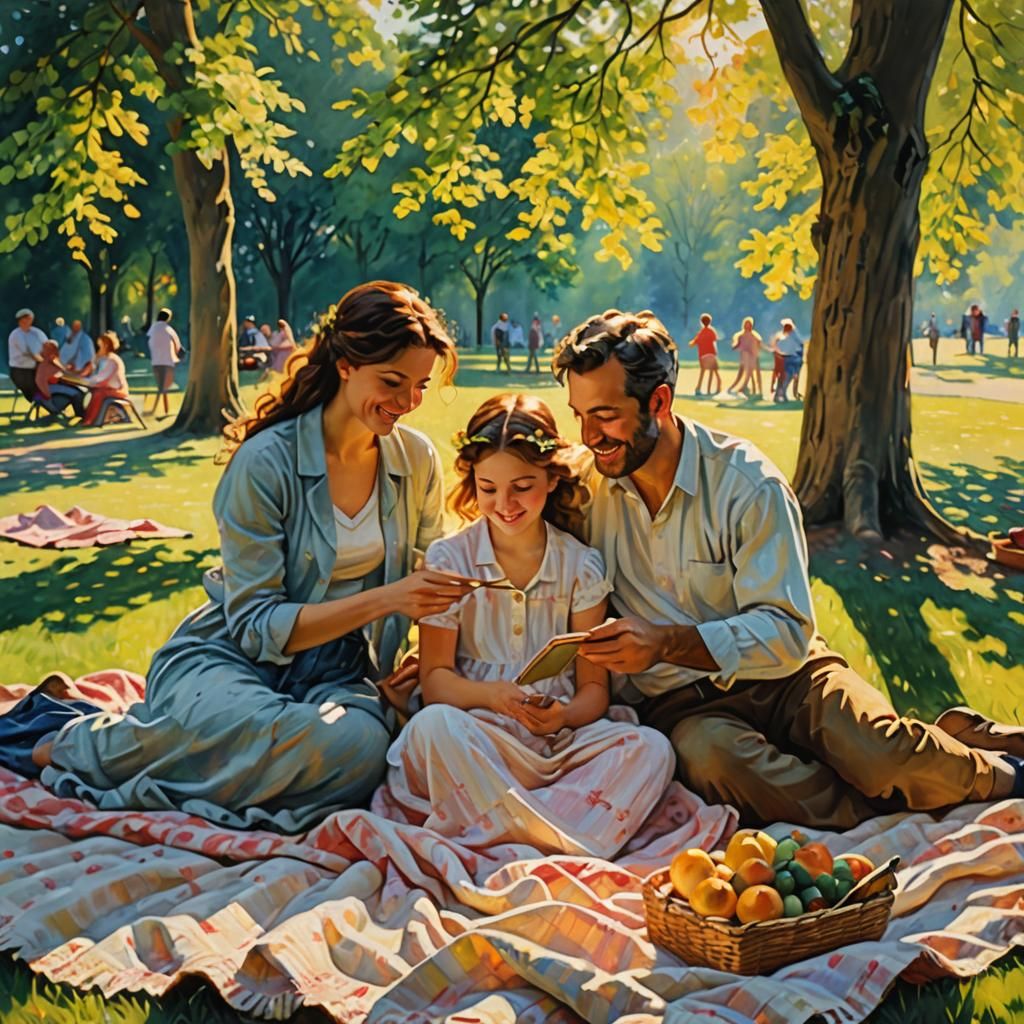 Impressionist Family Picnic in Park at Golden Hour