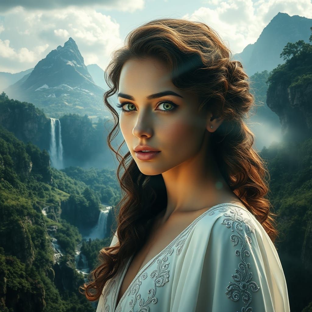 Woman Reflecting Enchanted Landscape in Hyperrealistic Style