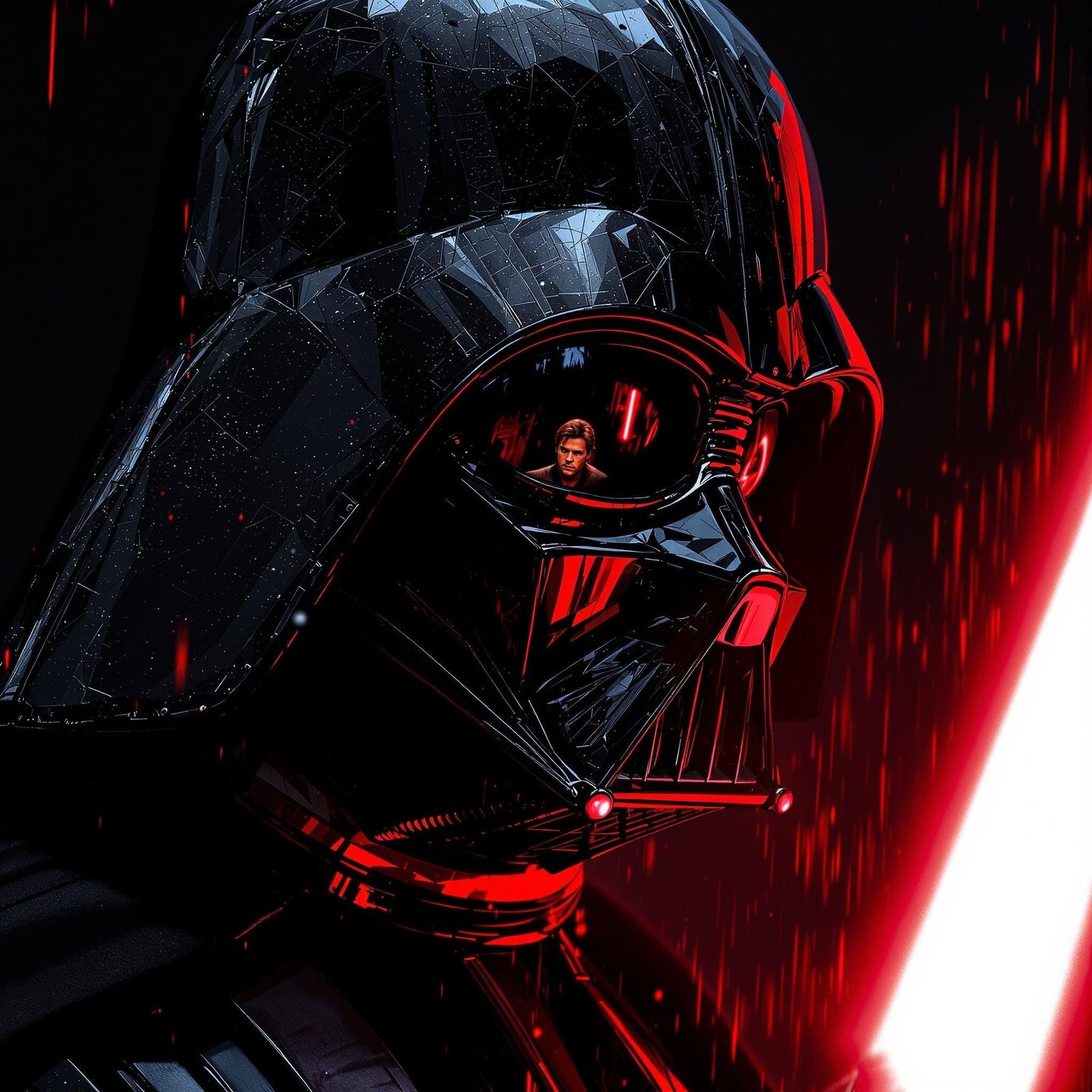 Darth Vader Helmet Reflects Lightsaber Duel in Cinematic Sty...