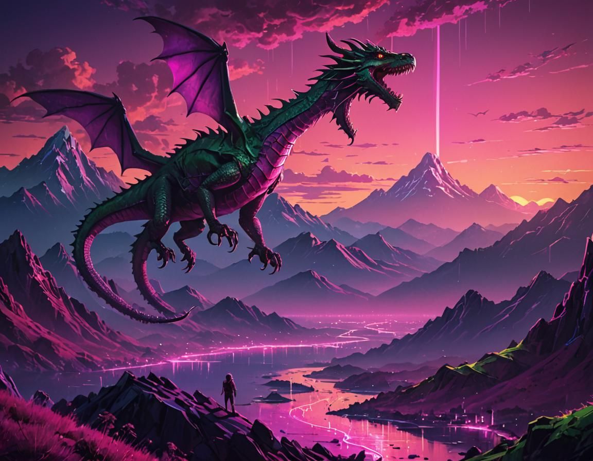 Synthwave Dragons Over Neon Mountain Sunset