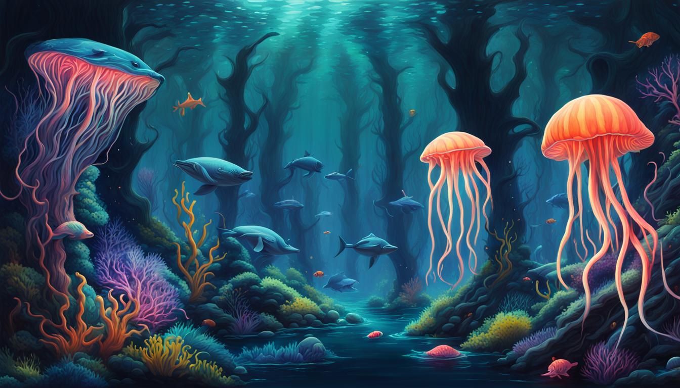 Glowing Sea Creatures and Bioluminescent Forest in Graffiti ...