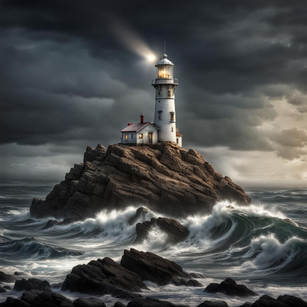 Hyperrealistic Lighthouse on Rock in Space