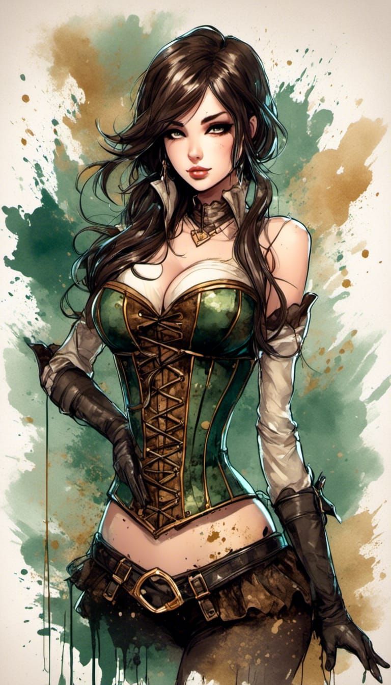 Anime Brunette in Corset Ink Splatter Art