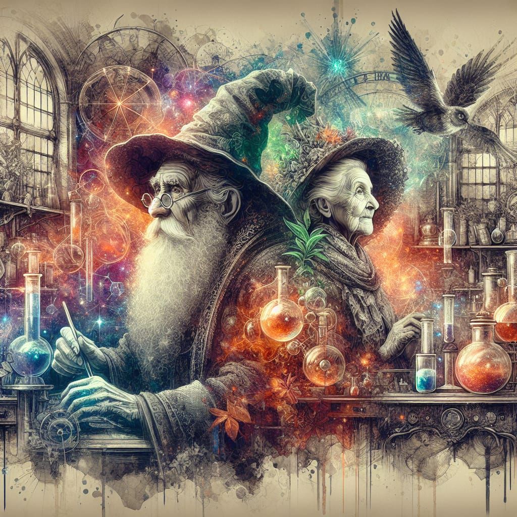 Whimsical Wizard and Witch Portrait in Watercolor Style