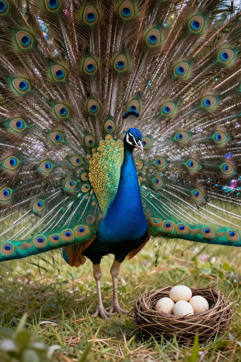Majestic Peacock with Spread Tail in Astral Cosmic Field