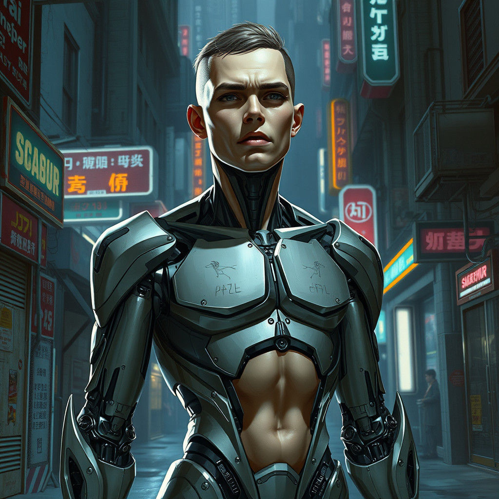 Cyborg in Dystopian Cityscape with Neon Lights
