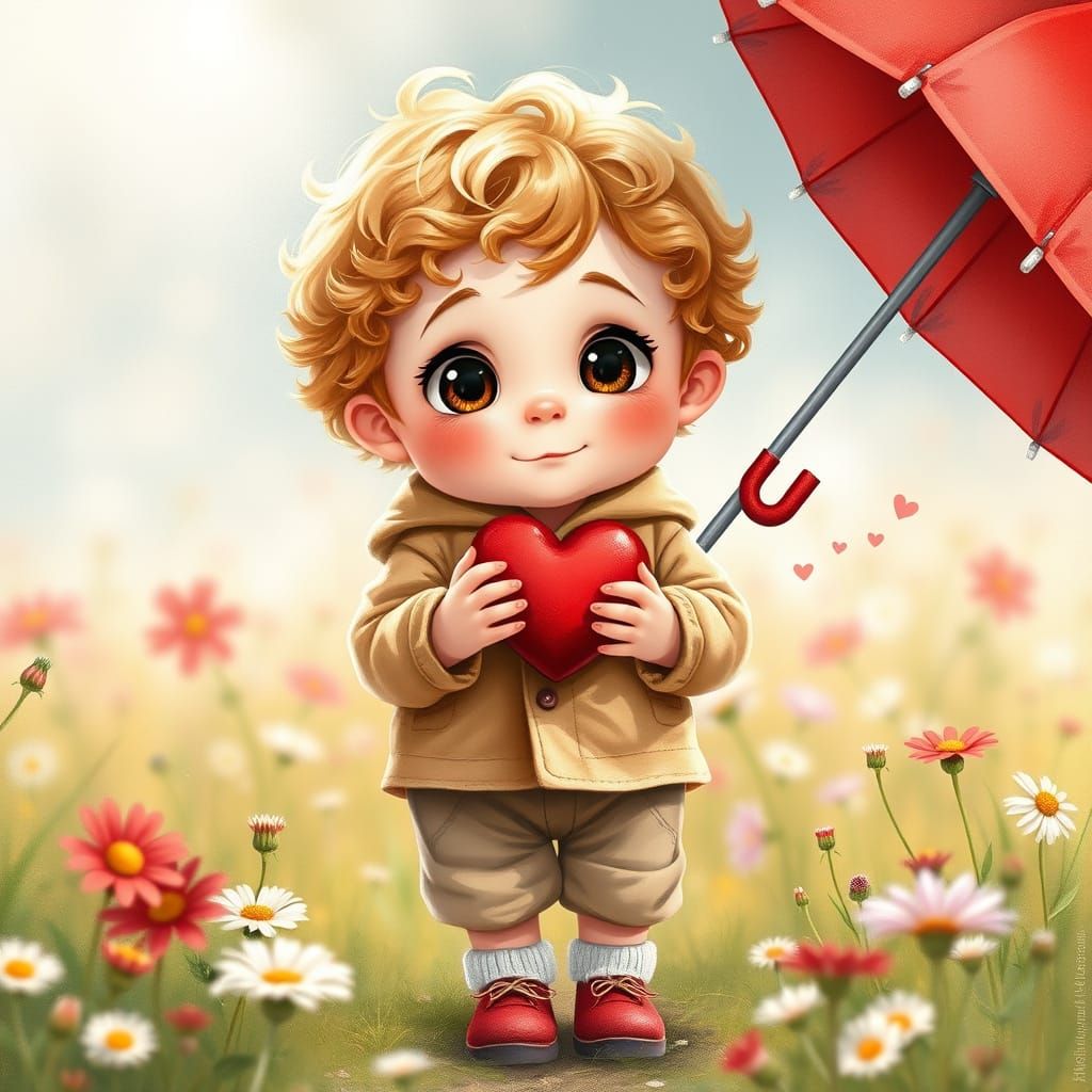 Adorable Boy with Heart and Umbrella in Wildflower Field