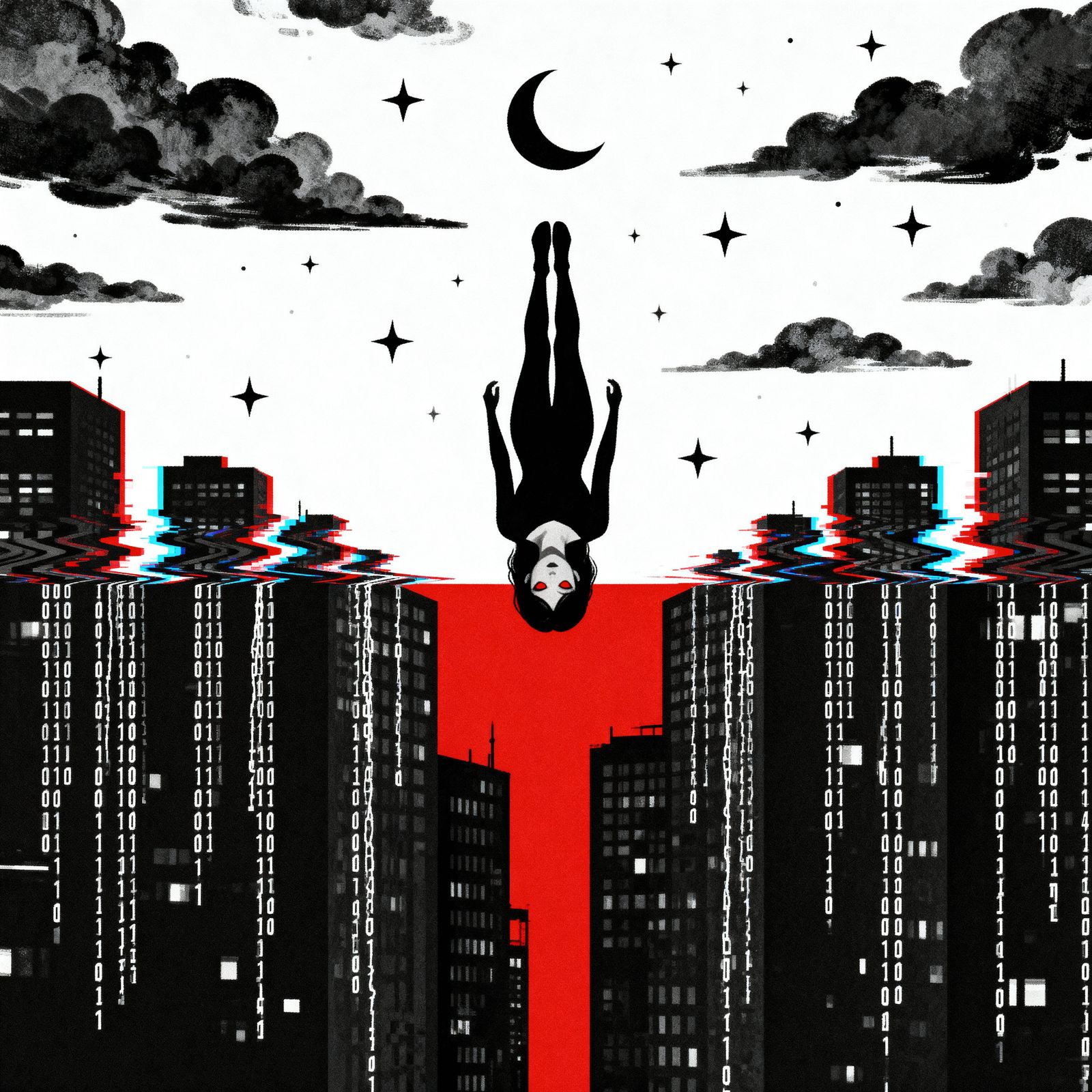 Glitch Art Cityscape with Red Accents and Woman Silhouette