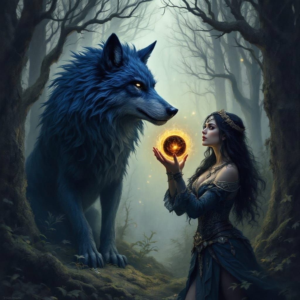 Mythical Wolf & Warrior Woman with Magic Orb