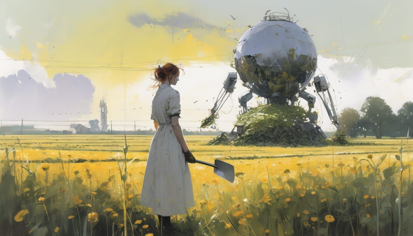 Maiden Robot Farmer in Golden Light